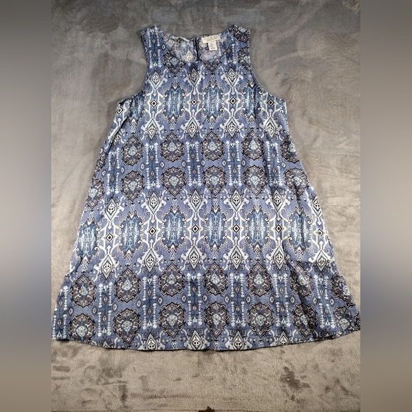 Rachel Zoe Large 100% Linen Summer Casual Blue Tribal Ikat Print Tank Dress - Picture 1 of 7